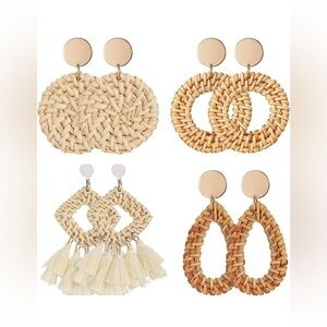 New 4 Pairs Rattan Earrings Lightweight Geometric Tassel Woven Bohemian Earrings